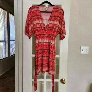 Forever 21 Orange Short Sleeve Knee Length V Neck Tie-Waist Casual Dress Small